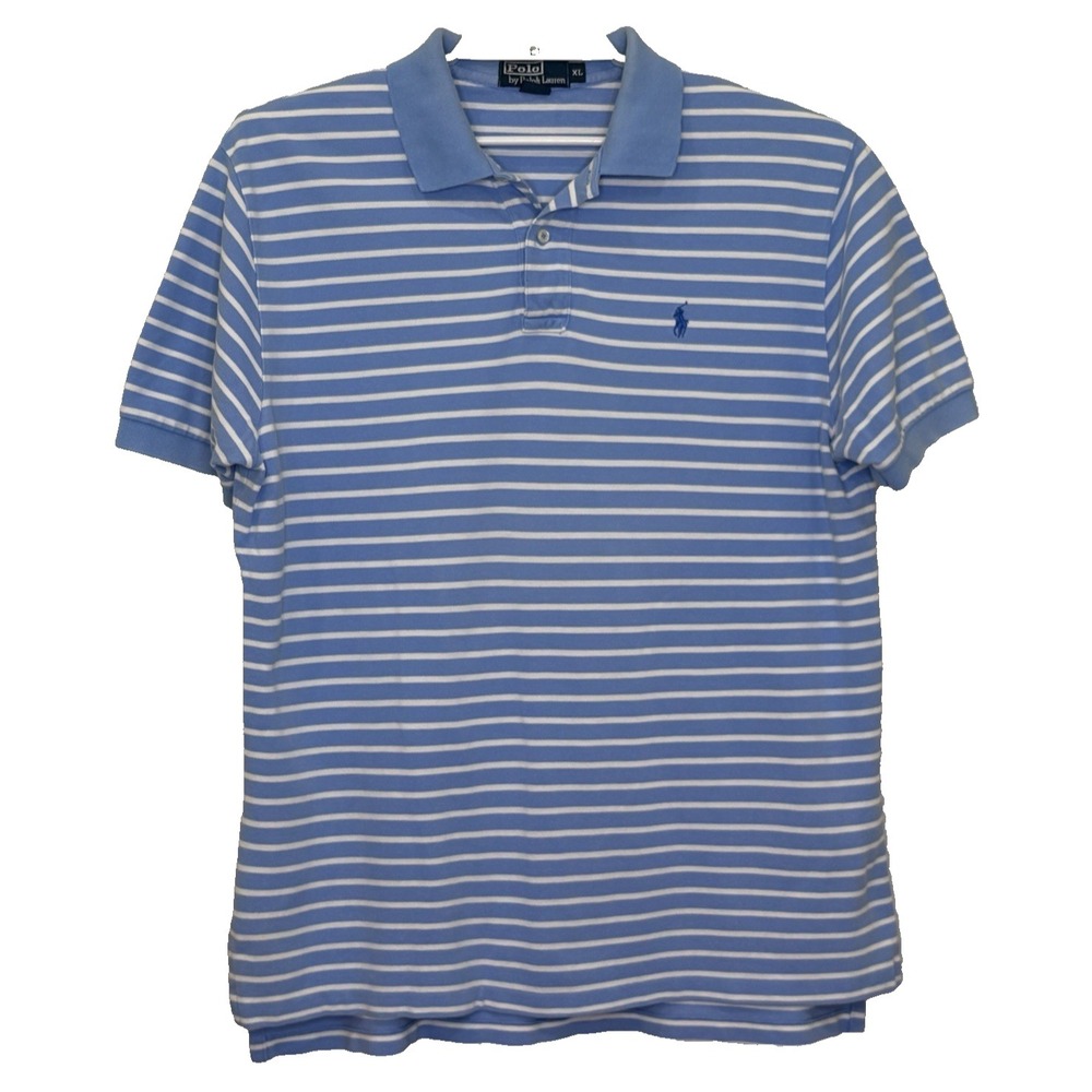 Polo Ralph Lauren Polo Shirt Mens Sz XL‎ Light Blue Striped Short Sleeve Preppy